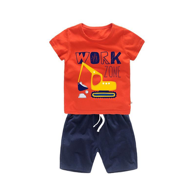 Boys Print Mechanical Digger T-Shirts And Short Two-Piece Outfit