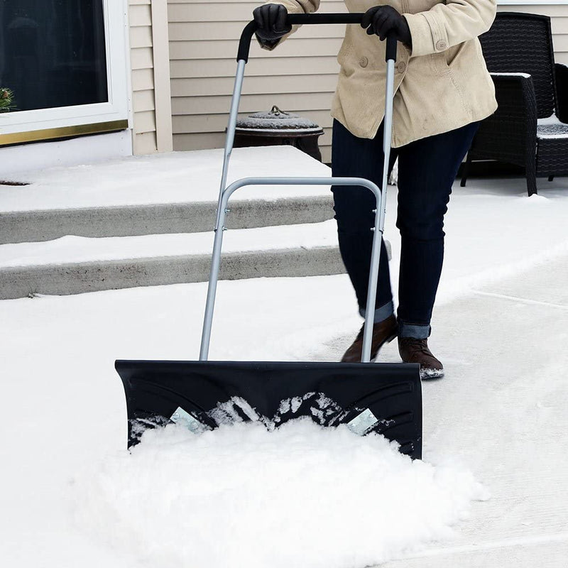 Rolling Snow Pusher with 6-Inch Polypropylene Wheels and Adjustable Aluminum Handle - Wheeled Snow Plow-Style Back Saver Snow Shovel