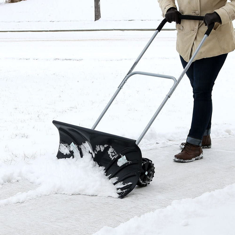 Rolling Snow Pusher with 6-Inch Polypropylene Wheels and Adjustable Aluminum Handle - Wheeled Snow Plow-Style Back Saver Snow Shovel