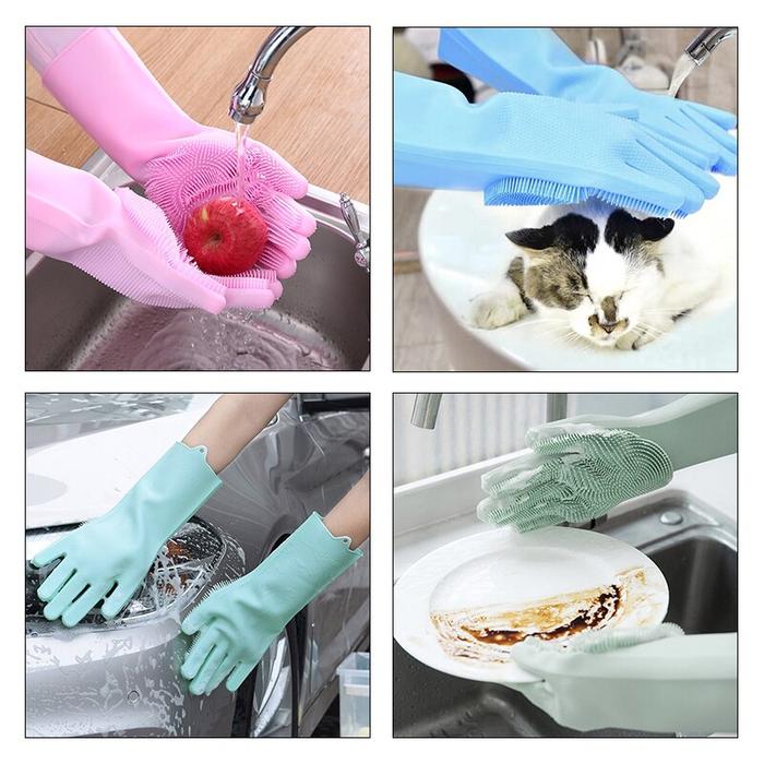 Kitchen Household Sponge Washing Dishes Rubber Gloves Silicone Cleaning 1 Pair