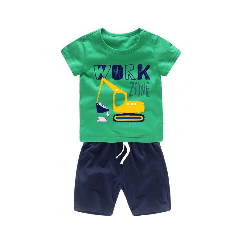 Boys Print Mechanical Digger T-Shirts And Short Two-Piece Outfit