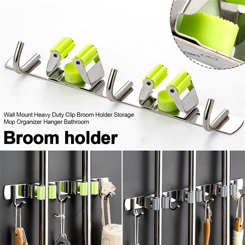 Broom Mop Holder Wall Mount Stainless Steel Tool Hanger Storage Organizer for Home, Garage, Garden, Laundry Room Organization and Storage